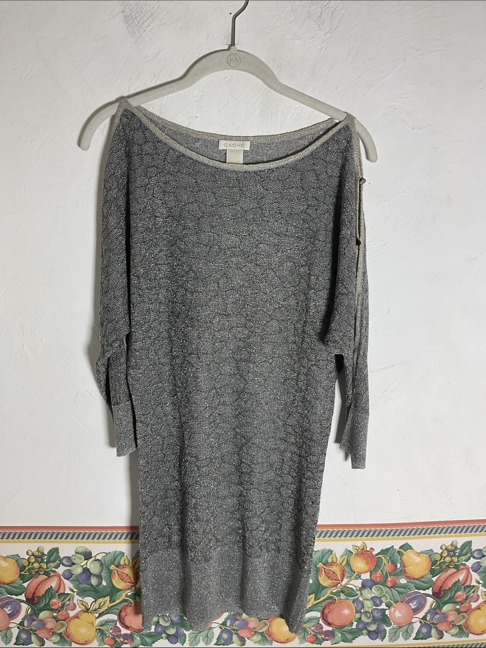 Cache Silver Metallic Cold Shoulder Tunic Sweater Size M